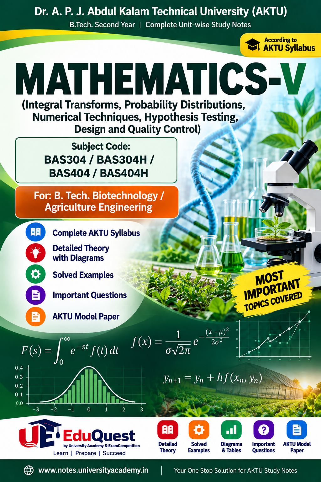 Cover of AKTU Mathematics-V (BAS304/BAS304H/BAS404/BAS404H) Notes & Study Material PDF – B.Tech 2nd Year