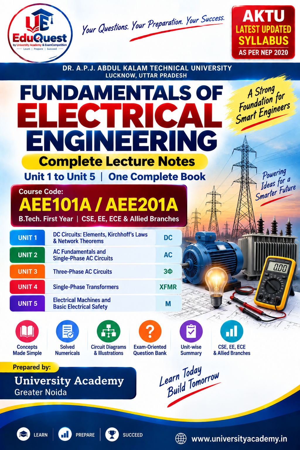 Cover of AKTU Fundamentals of Electrical Engineering (AEE101A/AEE201A) Notes & Study Material PDF – B.Tech 1st Year