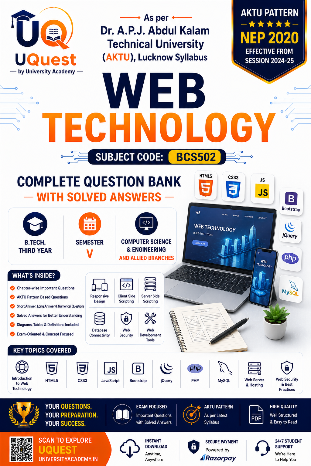 Cover of AKTU Web Technology BCS502 Question_Bank