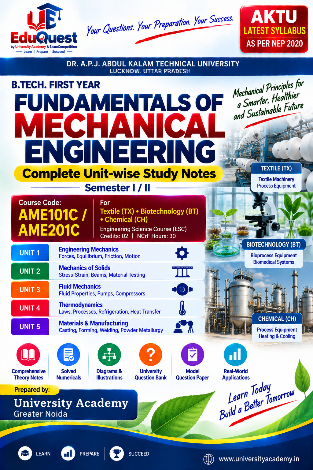 Cover of AKTU Fundamentals of Mechanical Engineering (AME101C/AME201C) Notes & Study Material PDF – B.Tech 1st Year