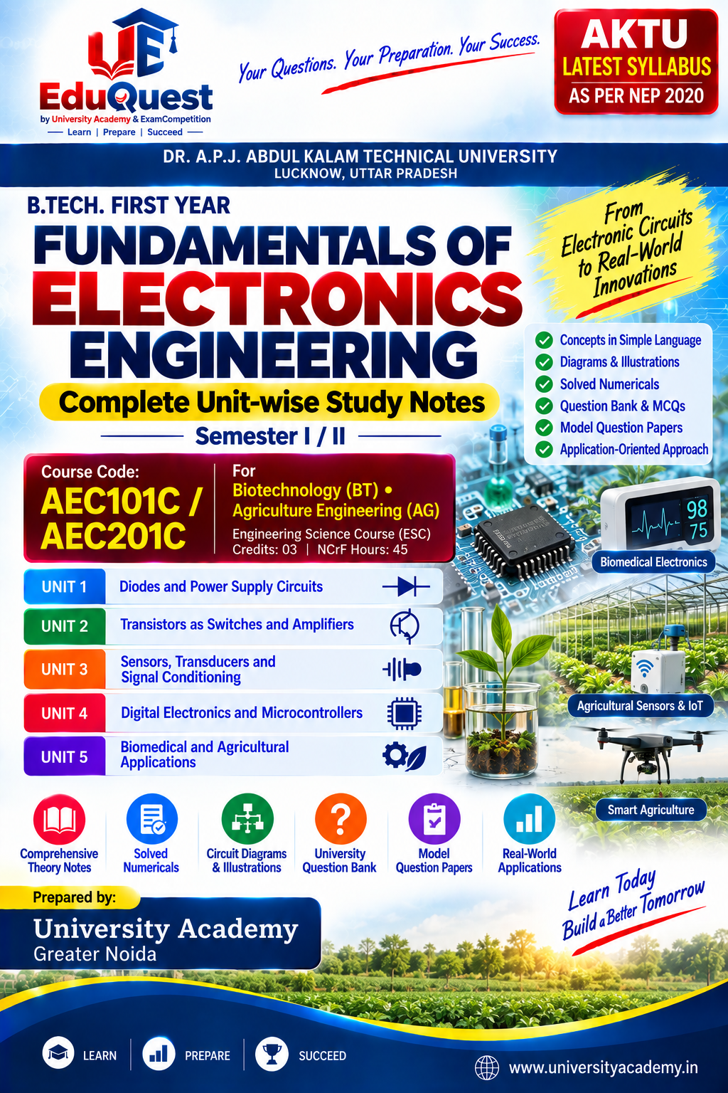 Cover of AKTU Fundamentals of Electronics Engineering (AEC101C/AEC201C) Notes & Study Material PDF – B.Tech 1st Year