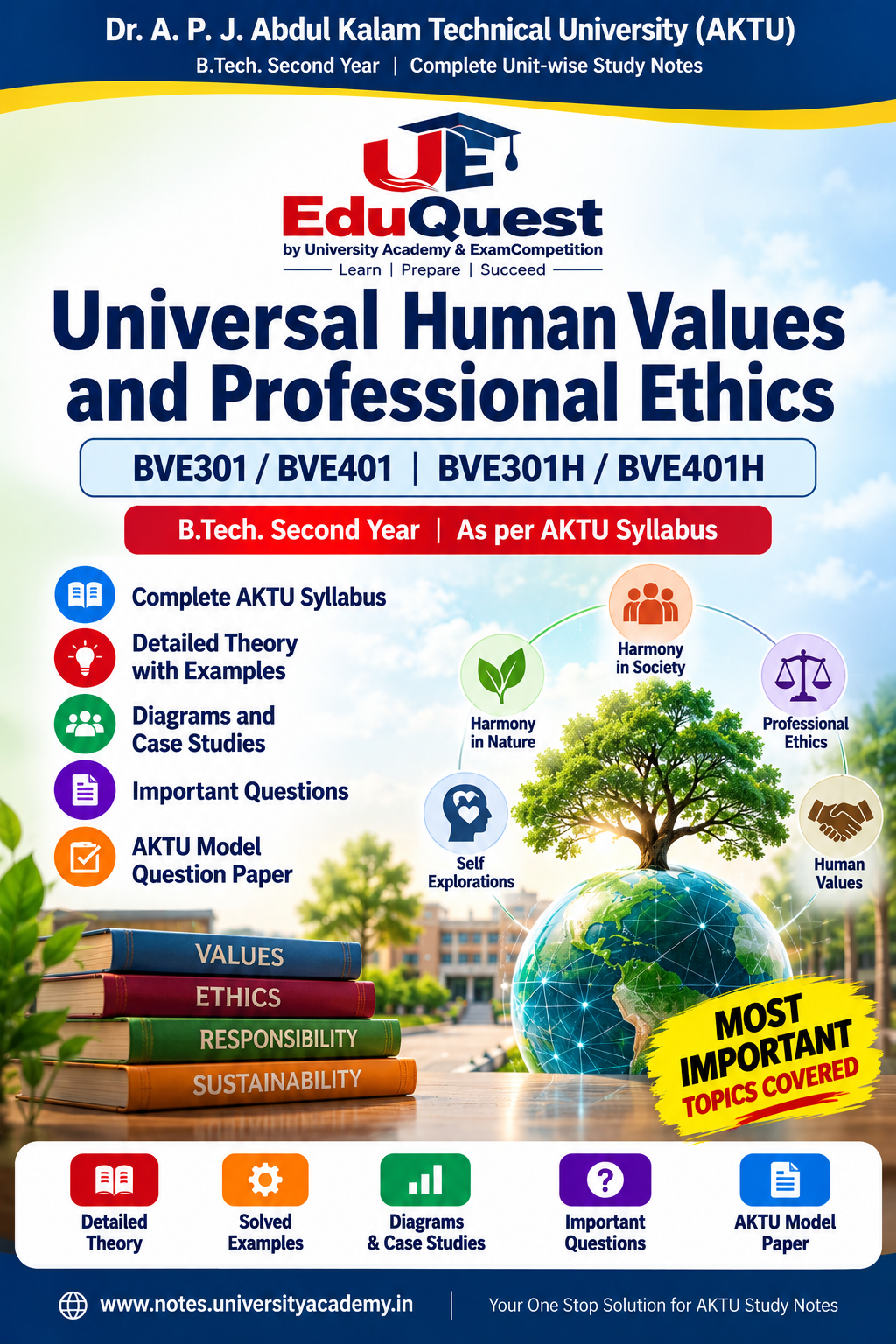 Cover of AKTU Universal Human Values and Professional Ethics (BVE301/BVE401/BVE301H/BVE401H) Notes & Study Material PDF – B.Tech 2nd Year