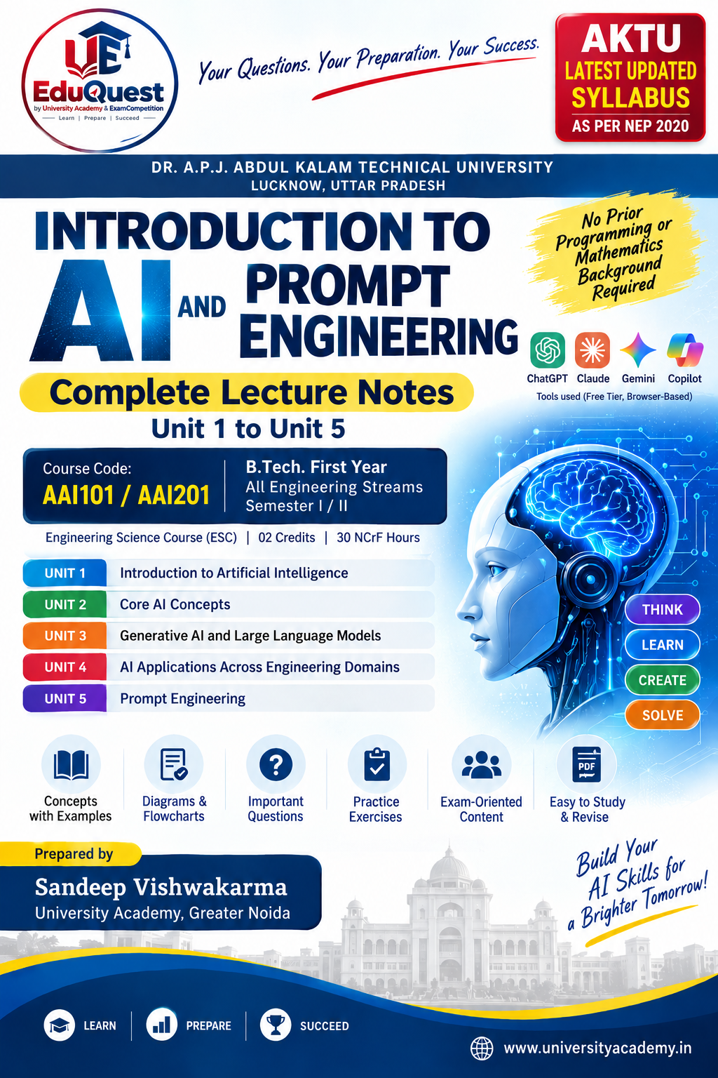 Cover of AKTU Introduction to AI and Prompt Engineering (AAI101/AAI201) Notes & Study Material PDF – B.Tech 1st Year