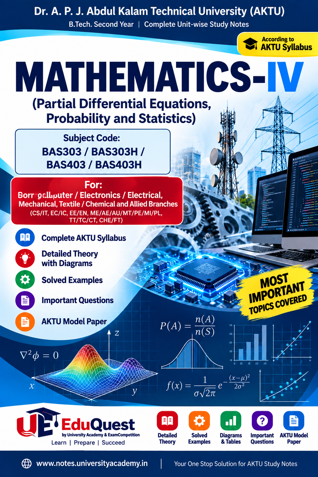 Cover of AKTU Mathematics-IV (BAS303/BAS303H/BAS403/BAS403H) Notes & Study Material PDF – B.Tech 2nd Year