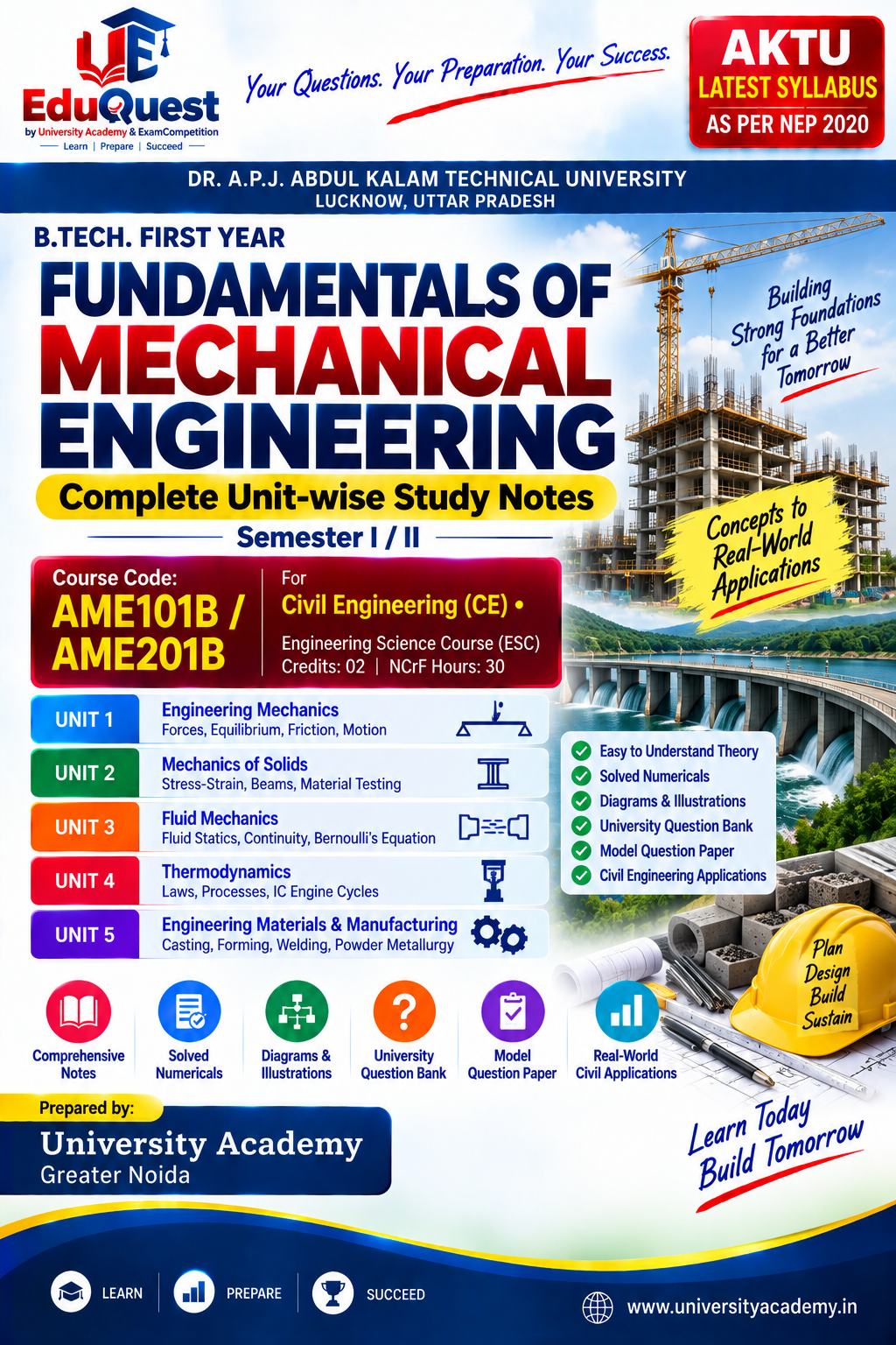 Cover of AKTU Fundamentals of Mechanical Engineering (AME101B/AME201B) Notes & Study Material PDF – B.Tech 1st Year