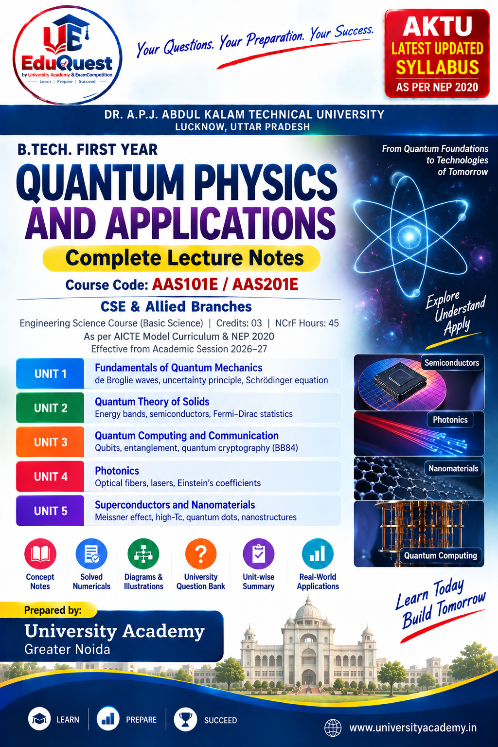 Cover of AKTU Quantum Physics and Applications (AAS101E/AAS201E) Notes & Study Material PDF – B.Tech 1st Year