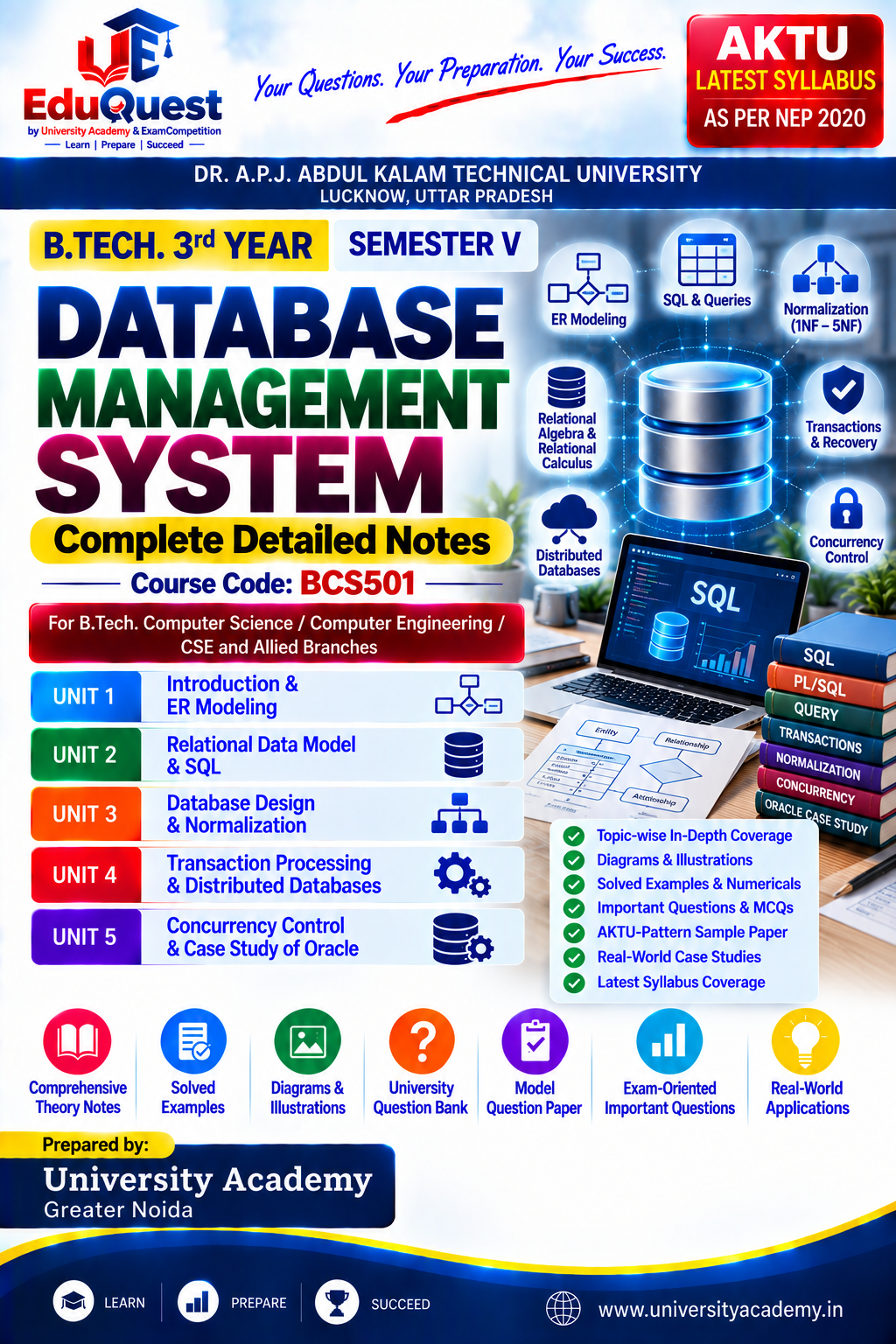 Cover of AKTU Database Management System (BCS501) Notes & Study Material PDF – B.Tech 3rd Year Sem 5