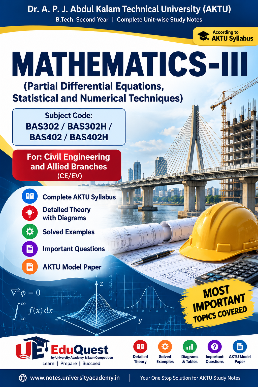 Cover of AKTU Mathematics-III (BAS302/BAS302H/BAS402/BAS402H) Notes & Study Material PDF – B.Tech 2nd Year