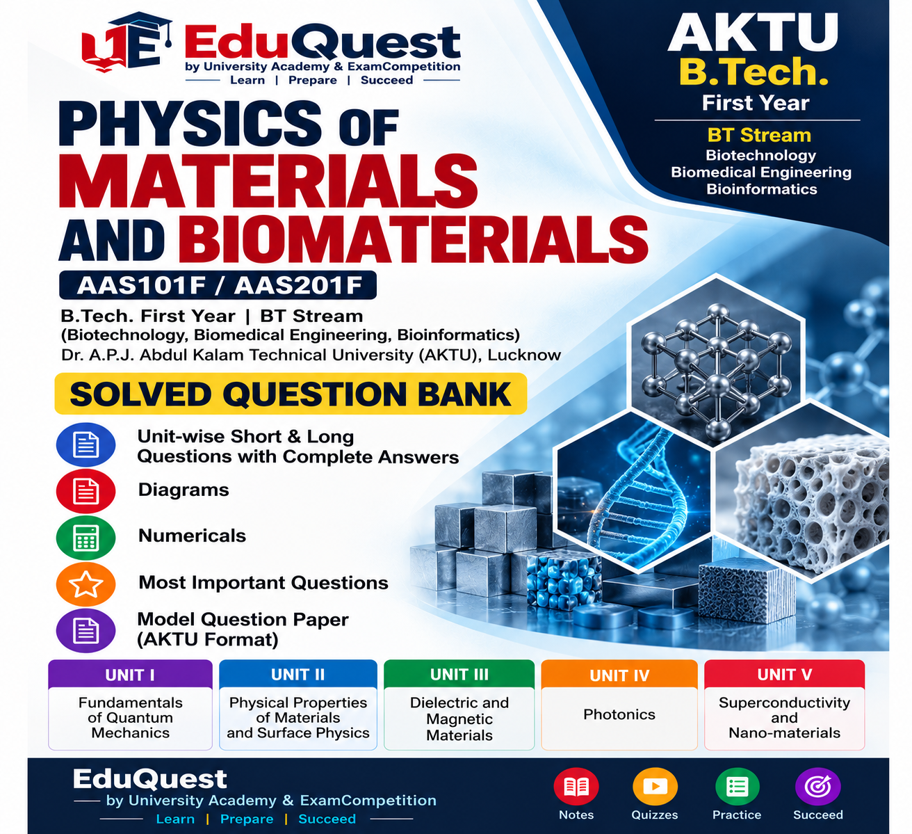 Cover of AKTU B.Tech Physics of Materials and Biomaterials (AAS101F / AAS201F) Solved Question Bank
