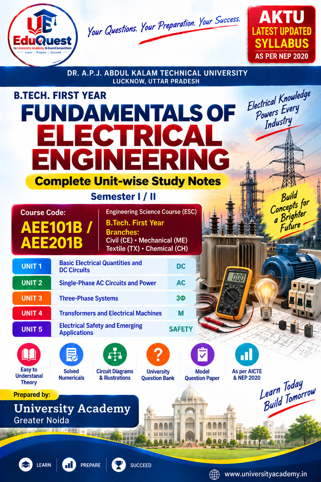 Cover of AKTU Fundamentals of Electrical Engineering (AEE101B/AEE201B) Notes & Study Material PDF – B.Tech 1st Year