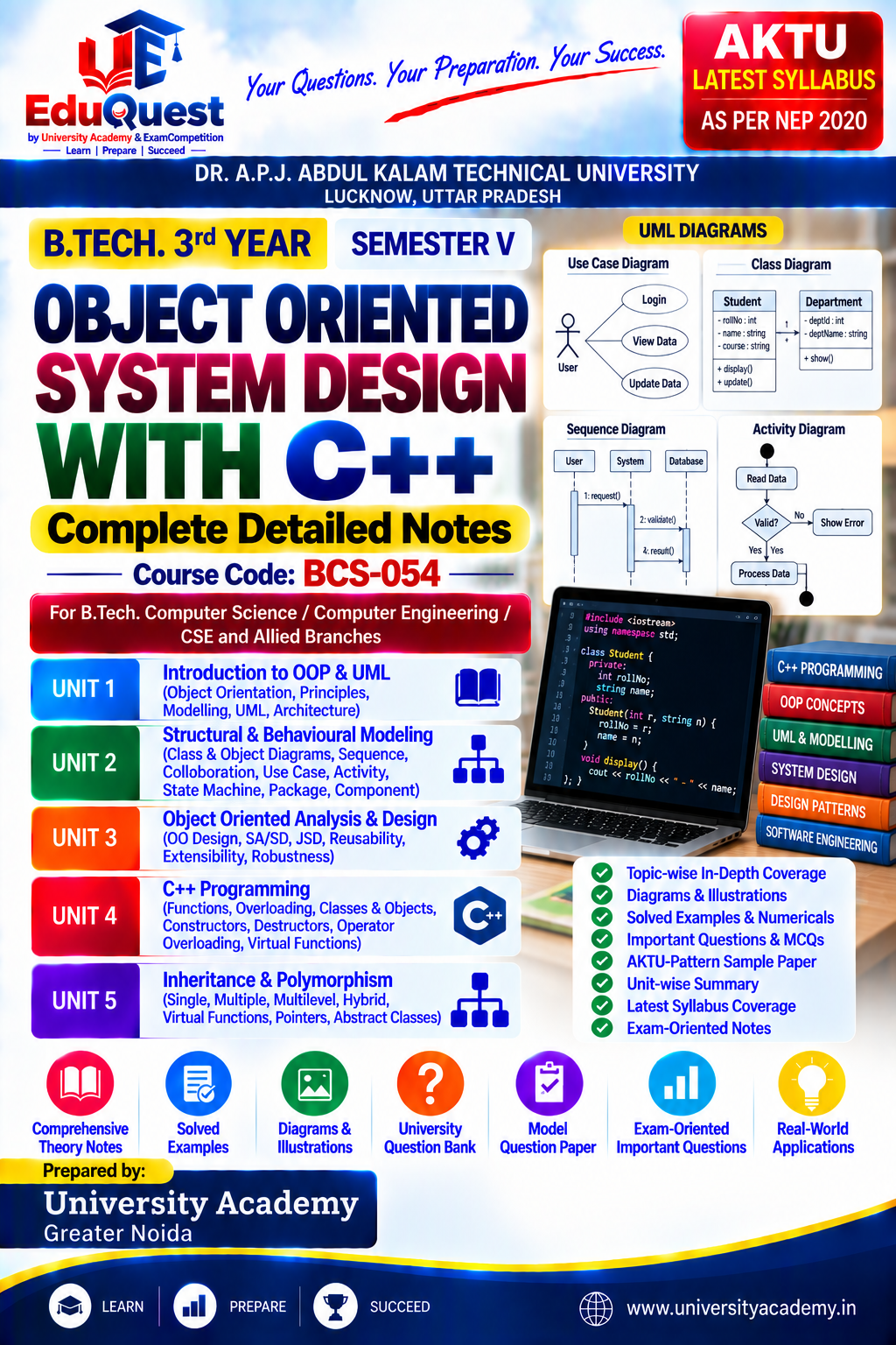 Cover of AKTU Object Oriented System Design with C++ (BCS054) Notes & Study Material PDF – B.Tech 3rd Year Sem 5