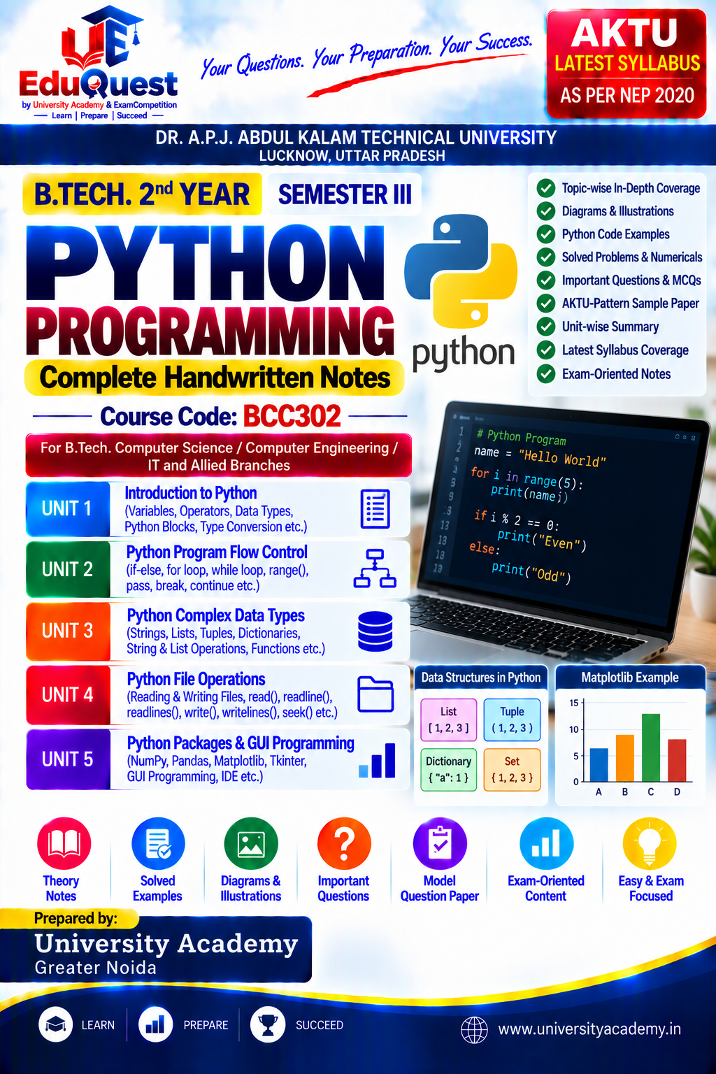 Cover of AKTU Python Programming (BCC302) Handwritten Notes & Study Material PDF – B.Tech 2nd Year Sem 3