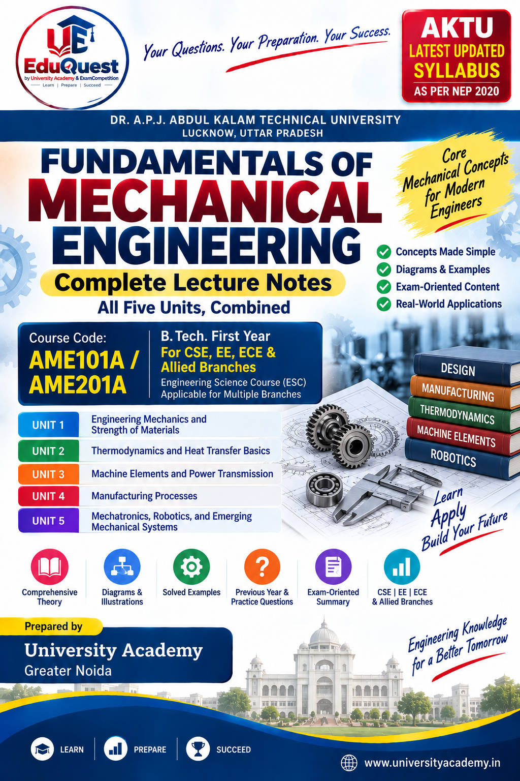 Cover of AKTU Fundamentals of Mechanical Engineering (AME101A/AME201A) Notes & Study Material PDF – B.Tech 1st Year