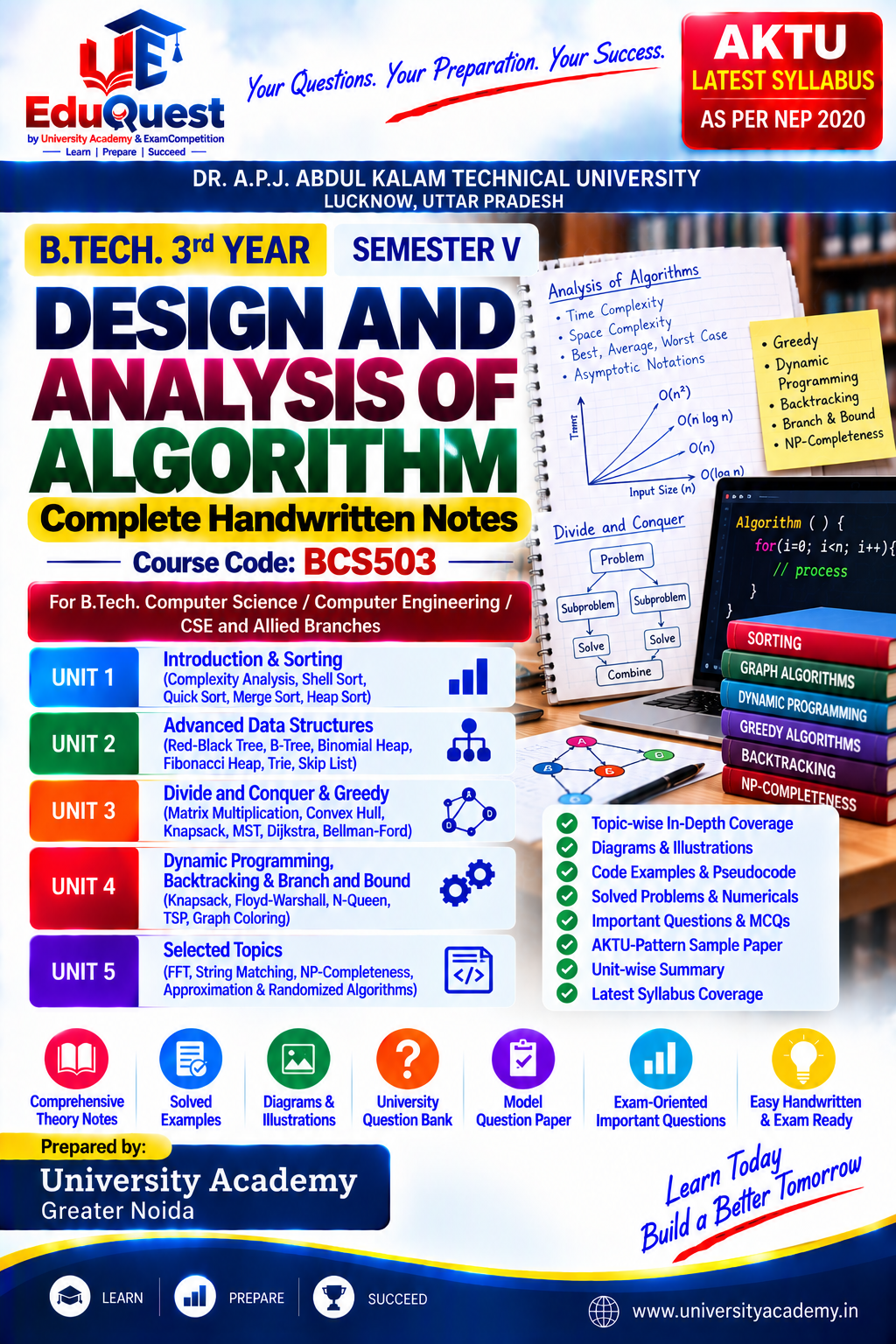 Cover of AKTU Design and Analysis of Algorithm (BCS503) Handwritten Notes & Study Material PDF – B.Tech 3rd Year Sem 5