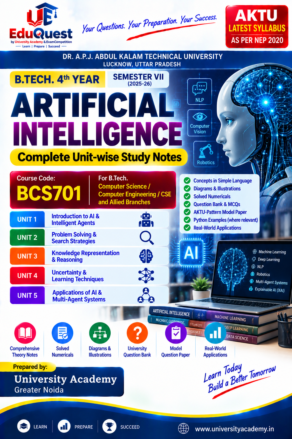 Cover of AKTU Artificial Intelligence (BCS701) Notes & Study Material PDF – B.Tech 4th Year Sem 7