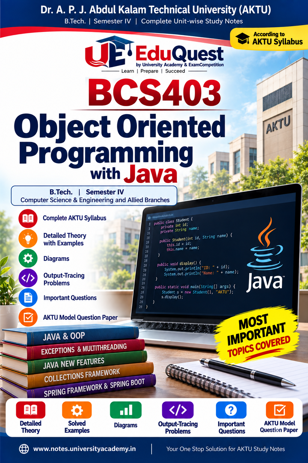 Cover of AKTU Object Oriented Programming with Java (BCS403) Notes & Study Material PDF – B.Tech 2nd Year Sem 4