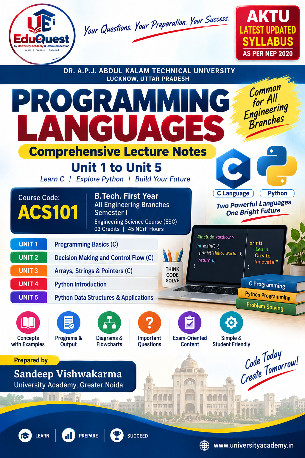 Cover of AKTU Programming Languages (ACS101) Notes & Study Material PDF – B.Tech 1st Year