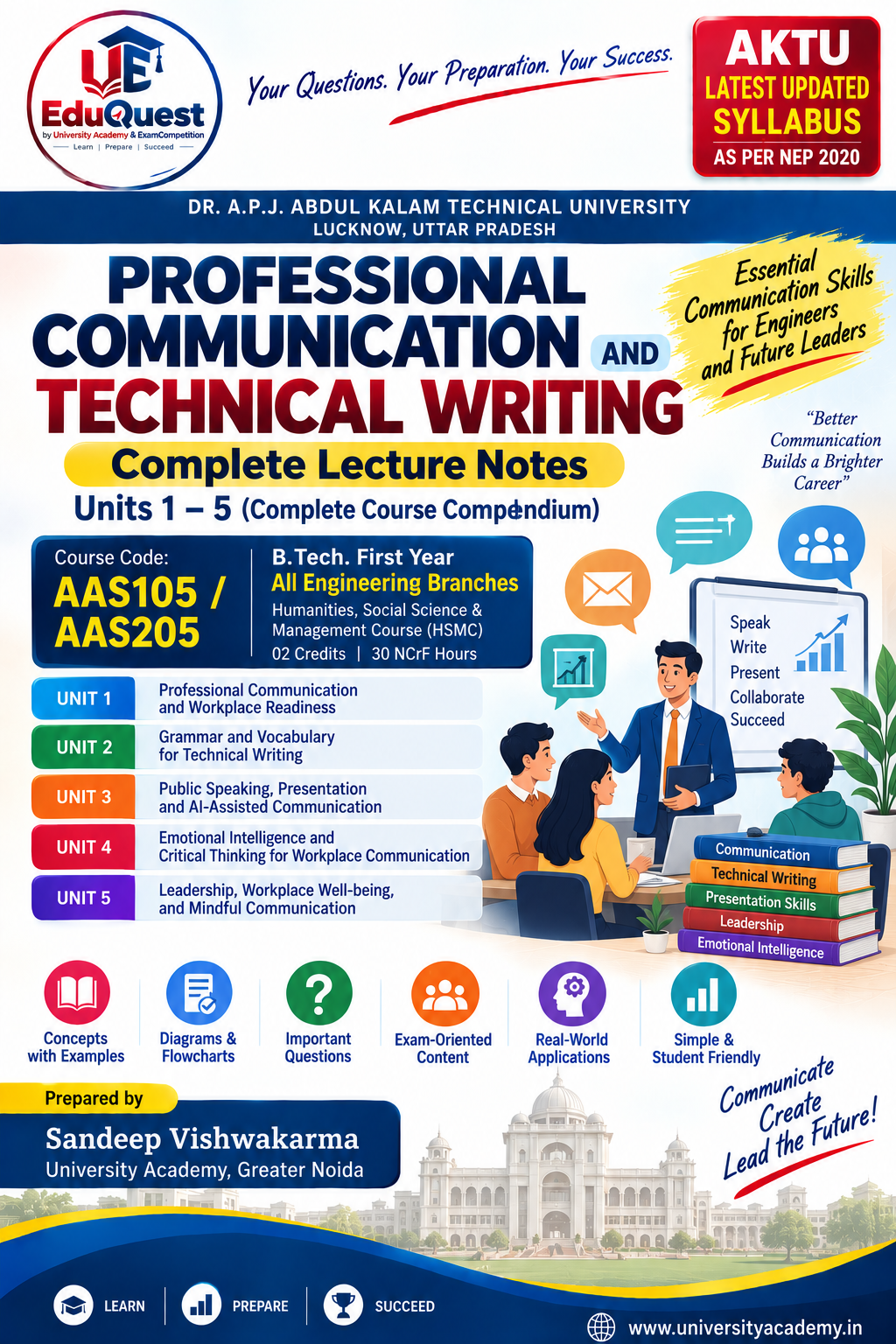 Cover of AKTU Professional Communication and Technical Writing (AAS105/AAS205) Notes & Study Material PDF – B.Tech 1st Year
